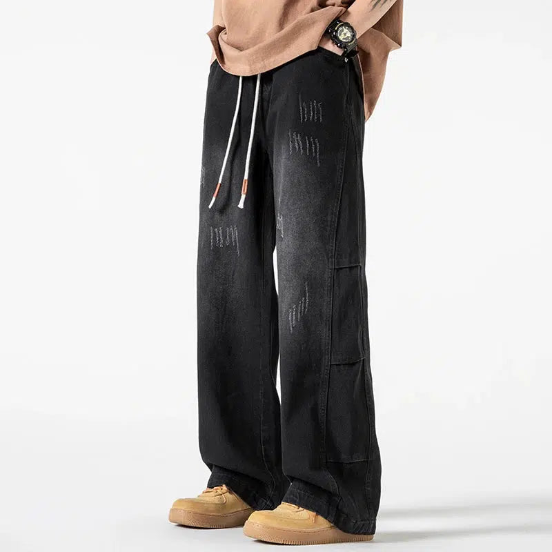 Drawstring Washed Straight-leg Jeans