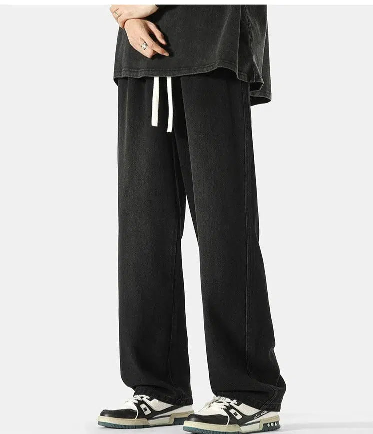 Drawstring Washed Straight-leg Jeans