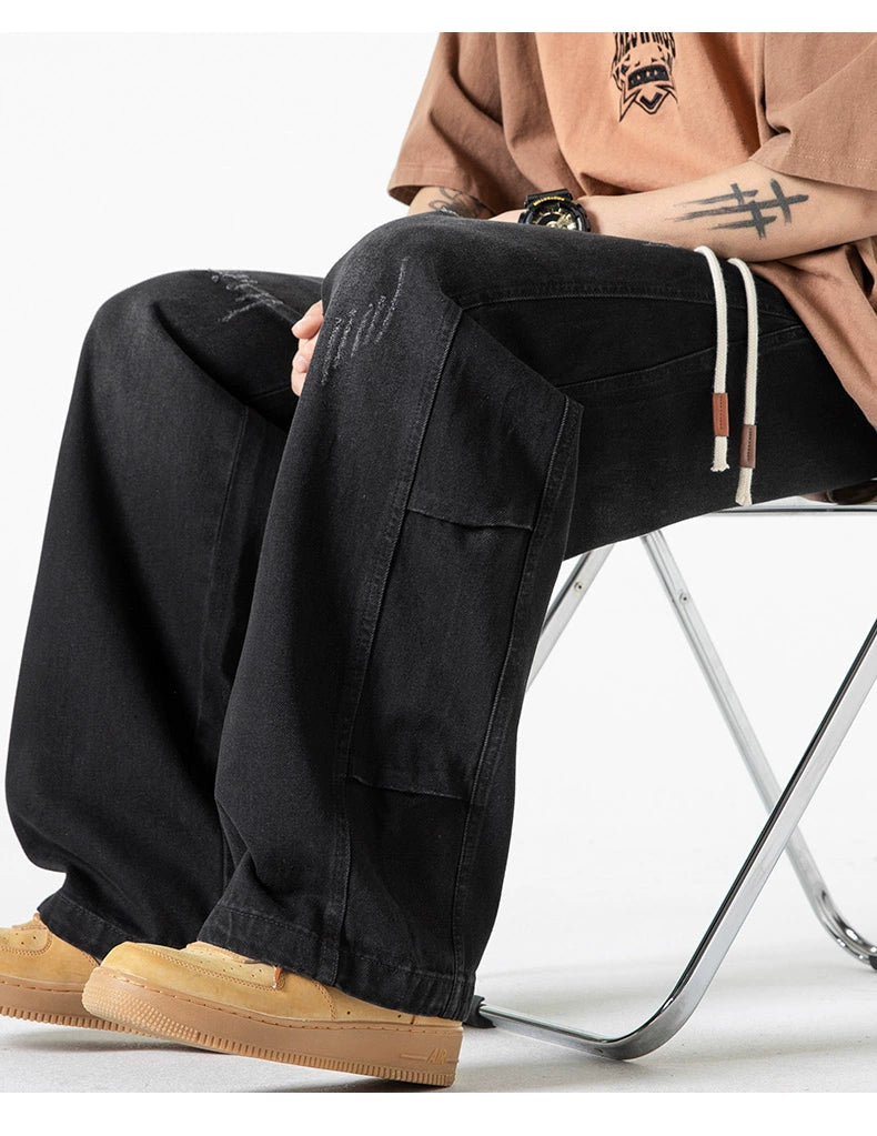 Drawstring Washed Straight-leg Jeans