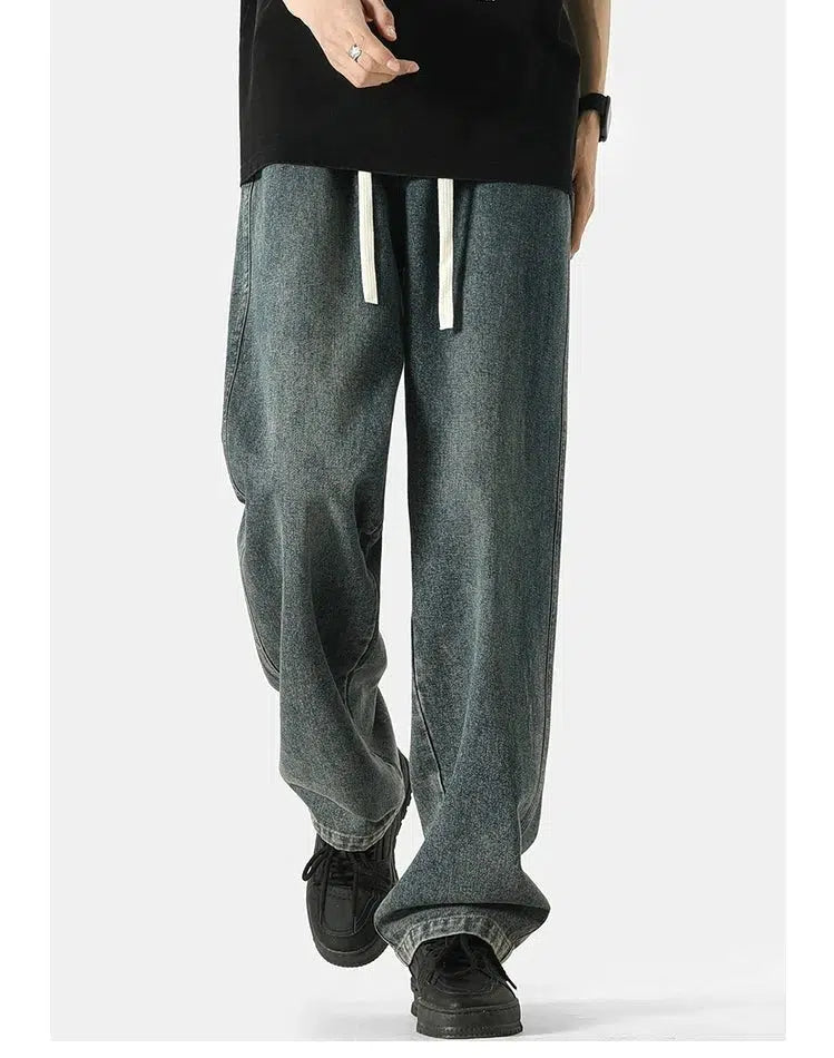 Drawstring Washed Straight-leg Jeans