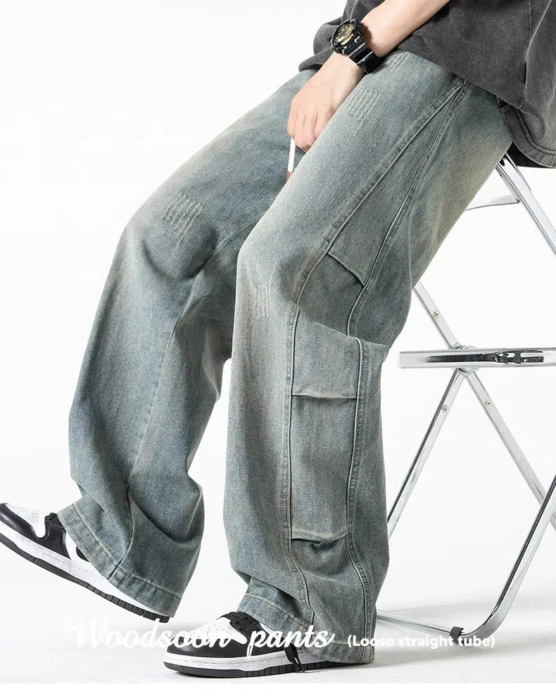 Drawstring Washed Straight-leg Jeans