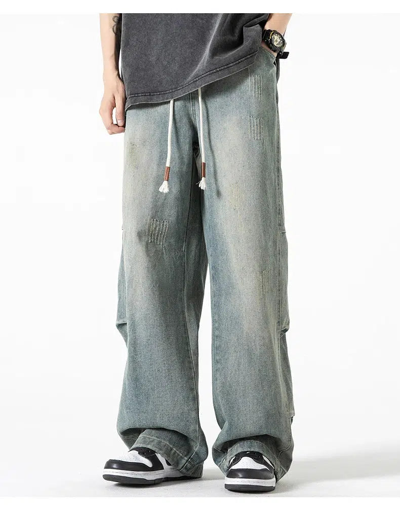 Drawstring Washed Straight-leg Jeans