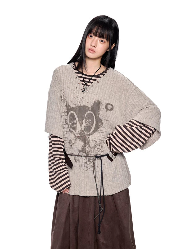 alt_id_3055672621, Graphic Faux Two-Piece Striped Sleeve T-Shirt