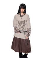 Graphic Faux Two-Piece Striped Sleeve T-Shirt 3