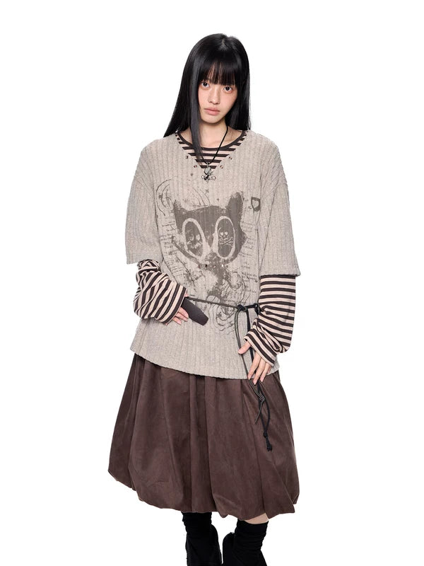 Graphic Faux Two-Piece Striped Sleeve T-Shirt 3