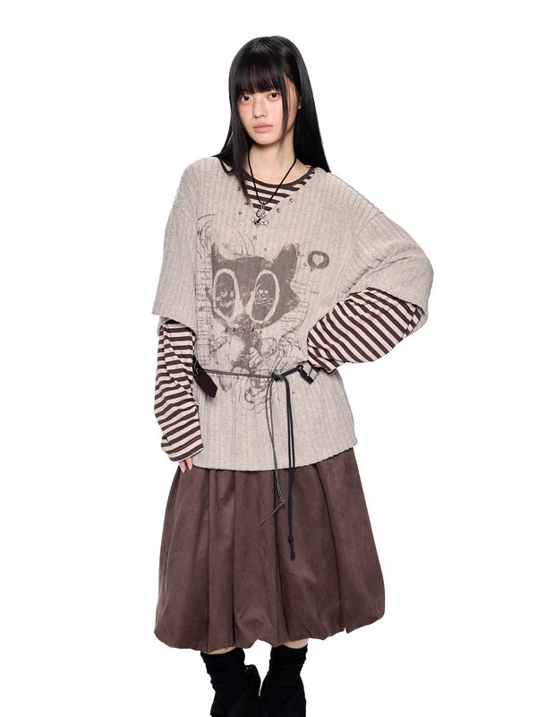 Graphic Faux Two-Piece Striped Sleeve T-Shirt 4