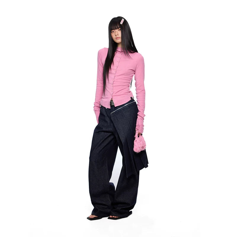 Detachable Pleated Denim Skirt Overlay Pants 2