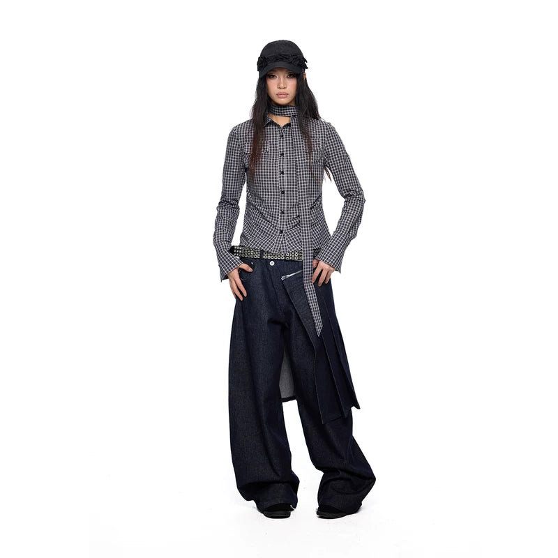 Detachable Pleated Denim Skirt Overlay Pants 3