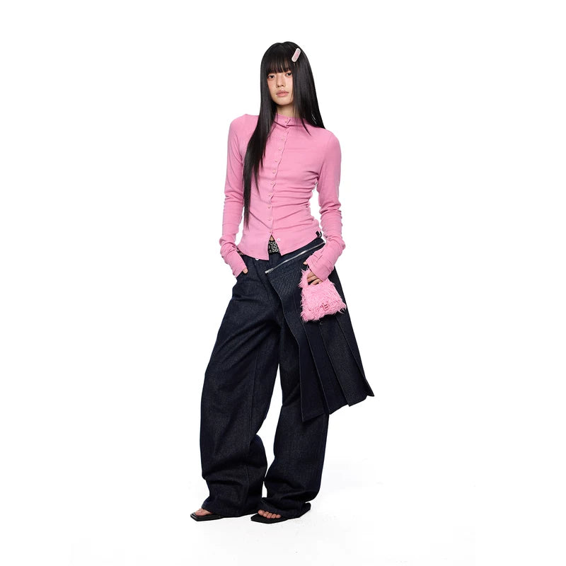 Detachable Pleated Denim Skirt Overlay Pants 4