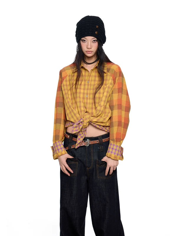 Patchwork Plaid Button-Up Shirt Loose Fit 2