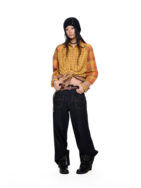 Patchwork Plaid Button-Up Shirt Loose Fit 3