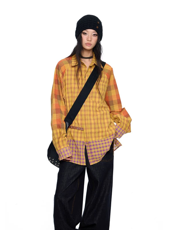 Patchwork Plaid Button-Up Shirt Loose Fit 4