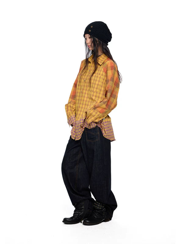Patchwork Plaid Button-Up Shirt Loose Fit 5