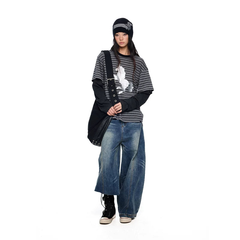 Striped Faux Layered Unicorn Graphic Pullover 2