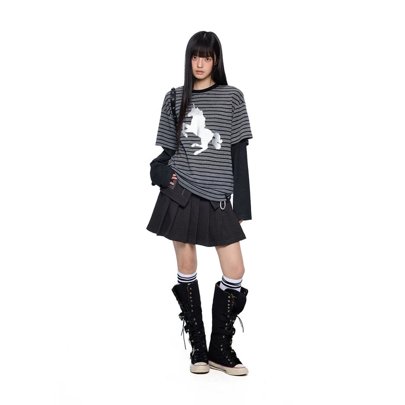 Striped Faux Layered Unicorn Graphic Pullover 3