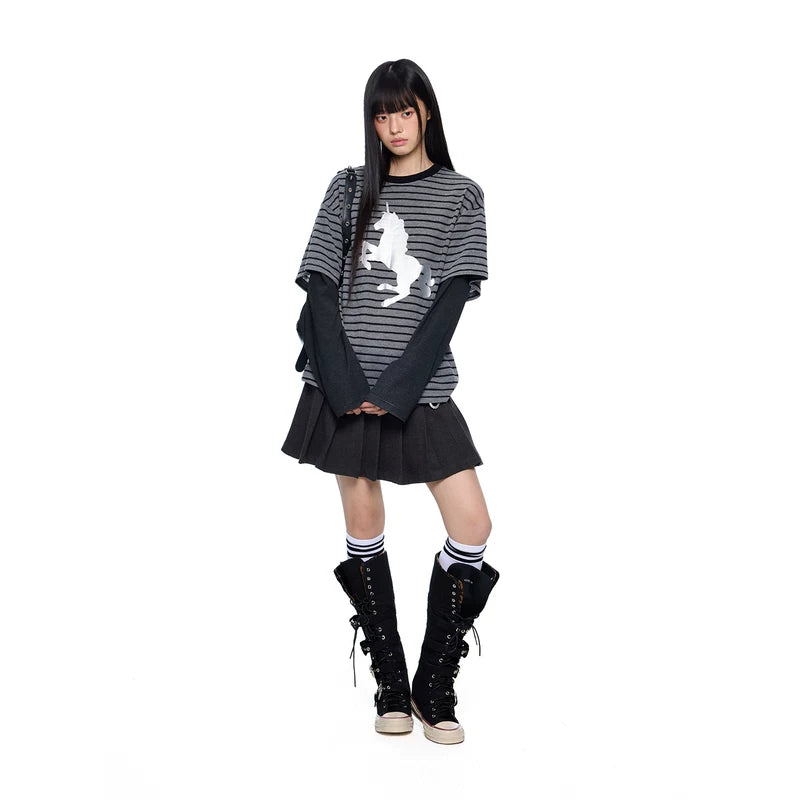 Striped Faux Layered Unicorn Graphic Pullover 5