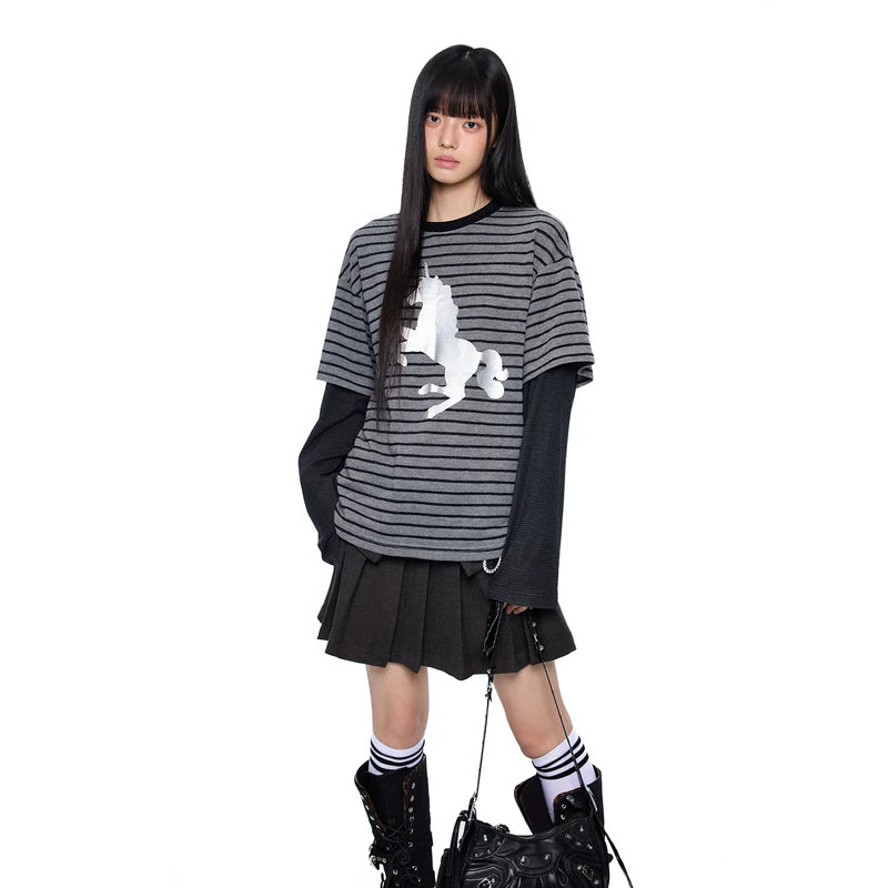 1627207:28938132,6178354966355,1627207:28938132,6178354966353,1627207:28938132,6178354966354,6178354966355,6178354966353,6178354966354, Striped Faux Layered Unicorn Graphic Pullover