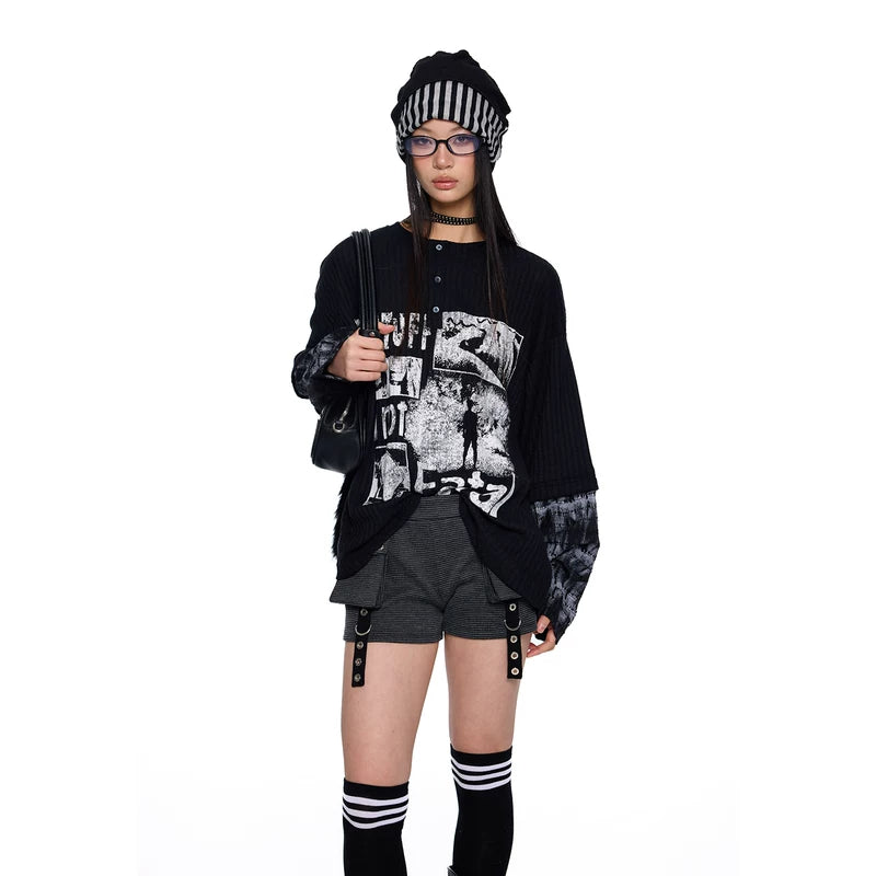 Henley Collar Graphic Patchwork Knit Sweater 4