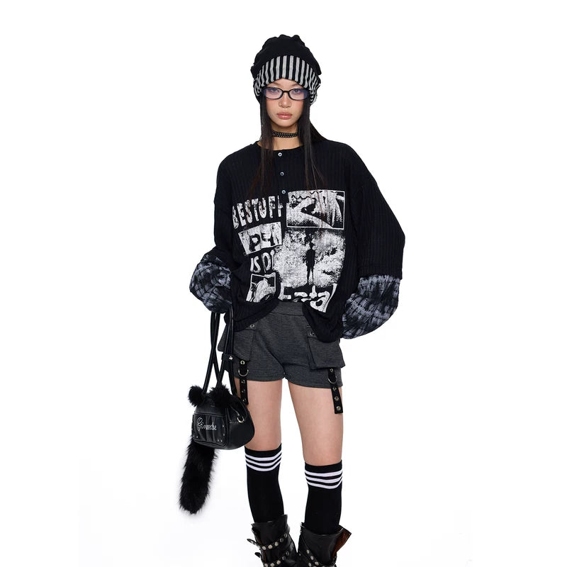 1627207:28341,6178252370179,1627207:28341,6176548198393,1627207:28341,6176548198392,6178252370179,6176548198393,6176548198392, Henley Collar Graphic Patchwork Knit Sweater