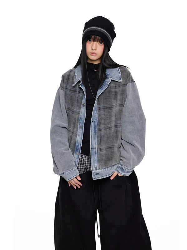 Plaid Patchwork Distressed Denim Oversized Jacket 2