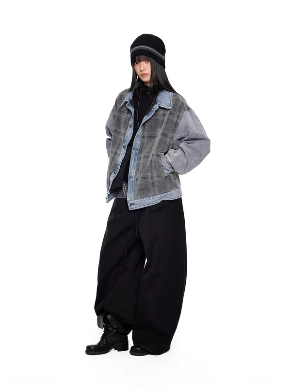 Plaid Patchwork Distressed Denim Oversized Jacket 5