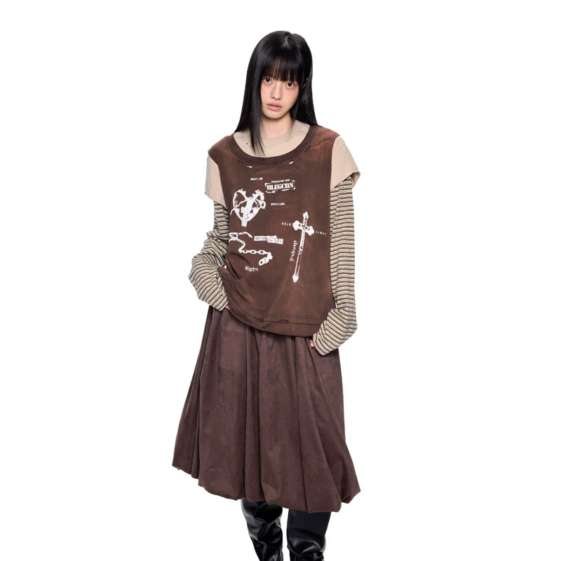 Distressed Graphic Faux Layered Long-Sleeve T-Shirt 3