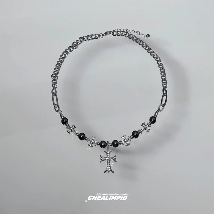 Edgy Cross Pendant Bead Necklace