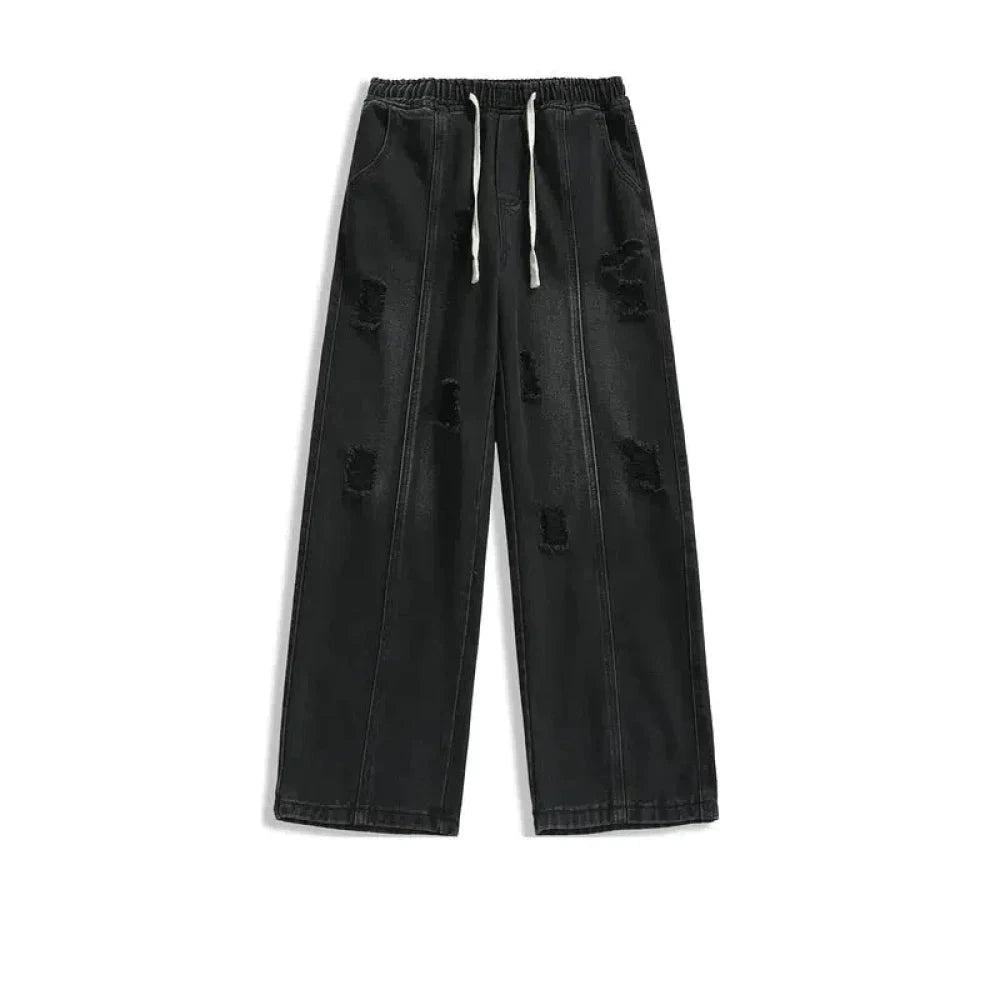 Elastic Drawstring Ripped Straight Jeans
