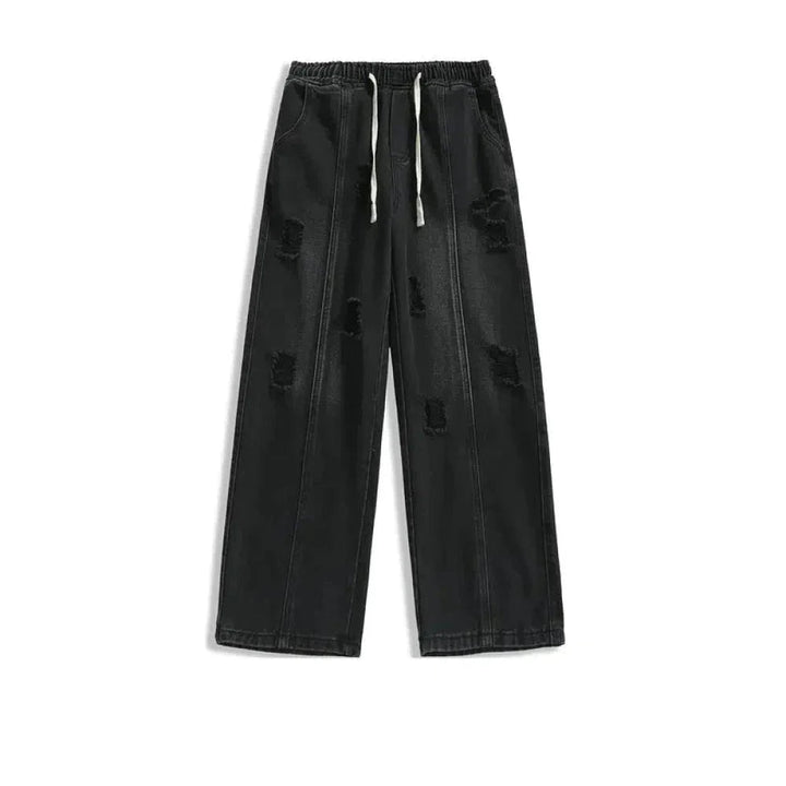 Elastic Drawstring Ripped Straight Jeans