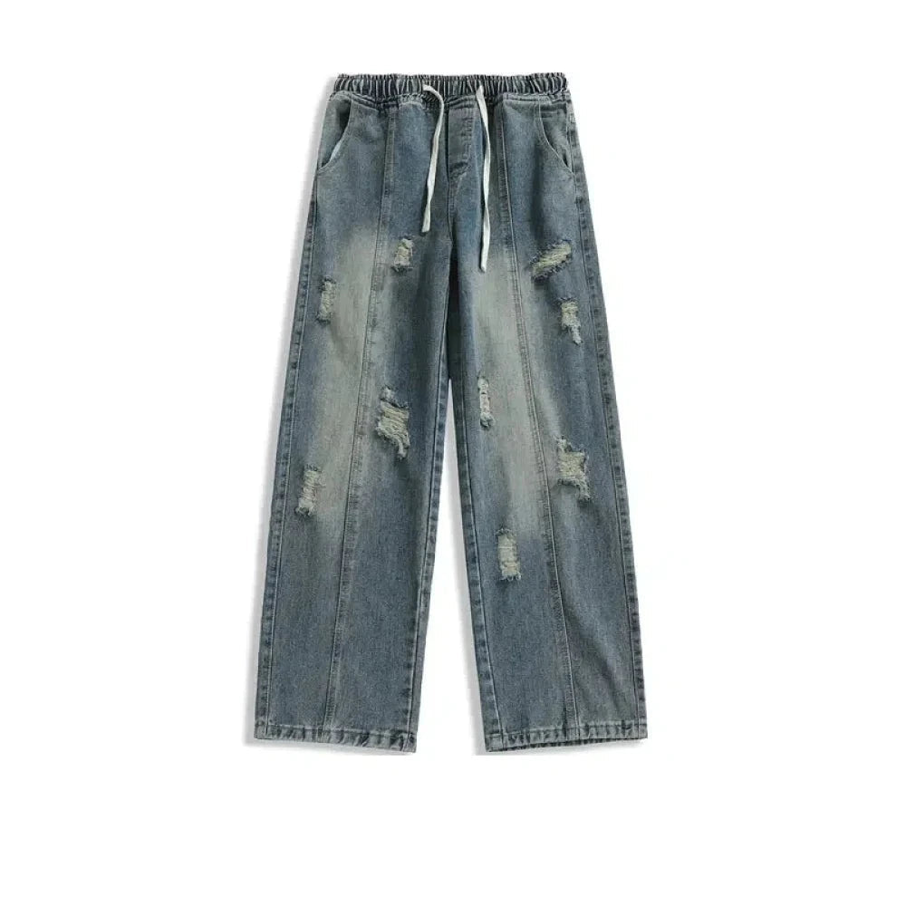 Elastic Drawstring Ripped Straight Jeans