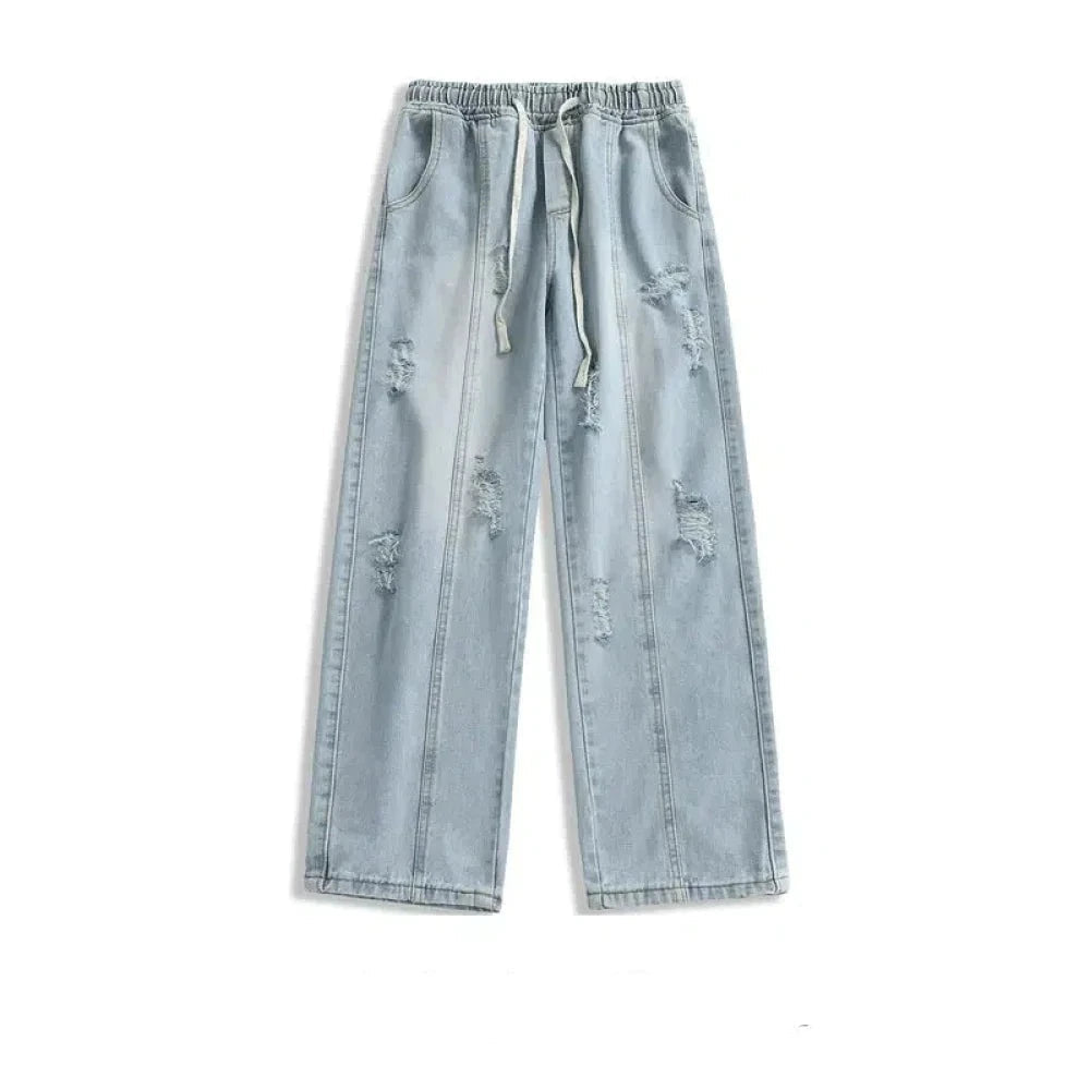 Elastic Drawstring Ripped Straight Jeans
