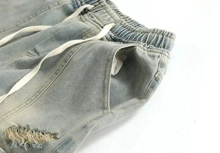 Elastic Drawstring Ripped Straight Jeans