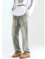 Elastic Drawstring Ripped Straight Jeans