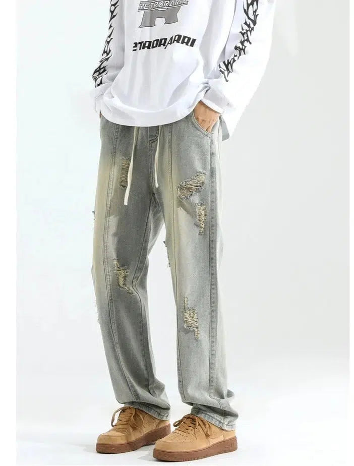 Elastic Drawstring Ripped Straight Jeans