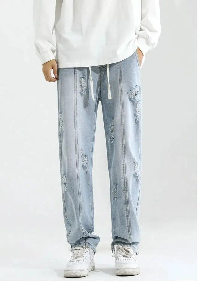 Elastic Drawstring Ripped Straight Jeans