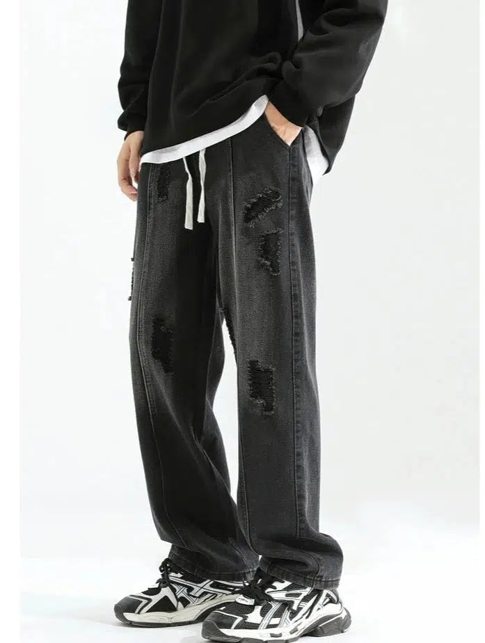 Elastic Drawstring Ripped Straight Jeans