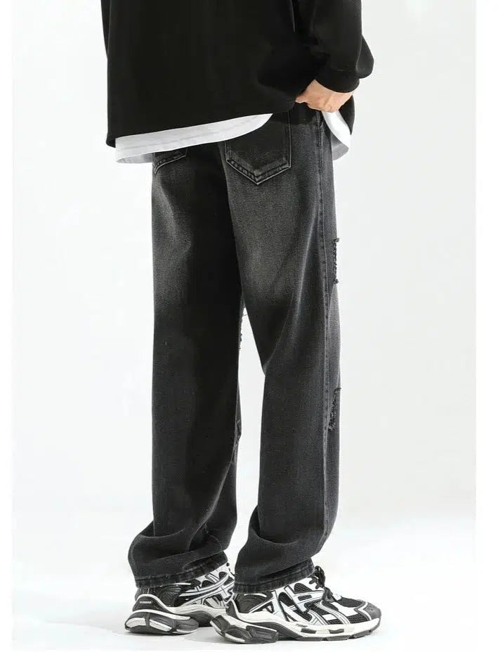 Elastic Drawstring Ripped Straight Jeans