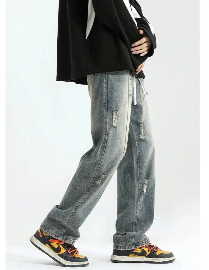 Elastic Drawstring Ripped Straight Jeans