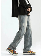 Elastic Drawstring Ripped Straight Jeans