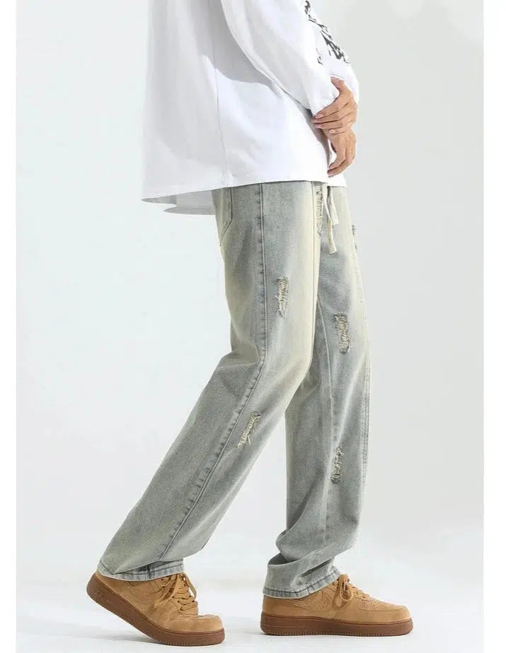 Elastic Drawstring Ripped Straight Jeans