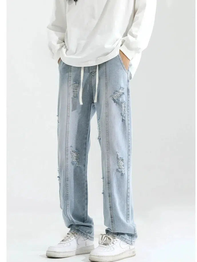 Elastic Drawstring Ripped Straight Jeans