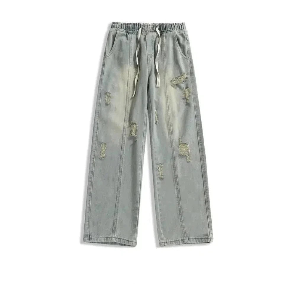 Elastic Drawstring Ripped Straight Jeans