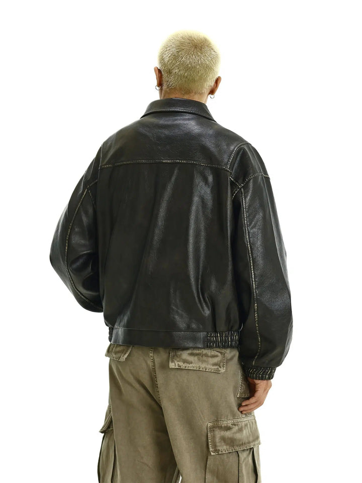 Elastic Hem Leather Bomber Jacket