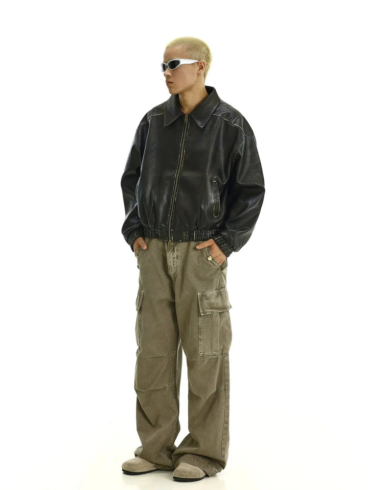 Elastic Hem Leather Bomber Jacket
