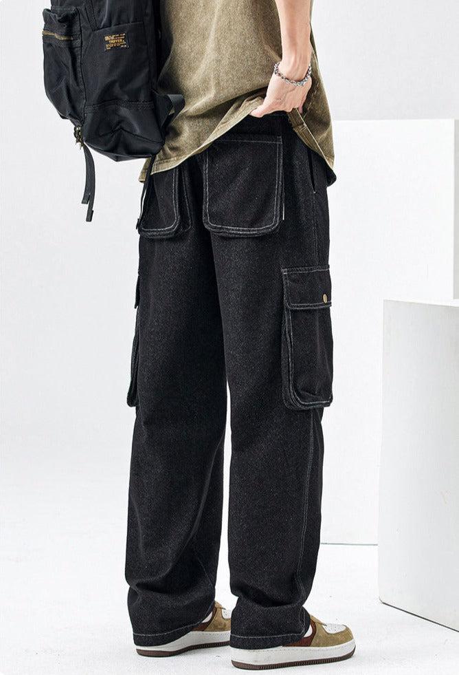 Elastic Waist Cargo Pocket Jeans Pants