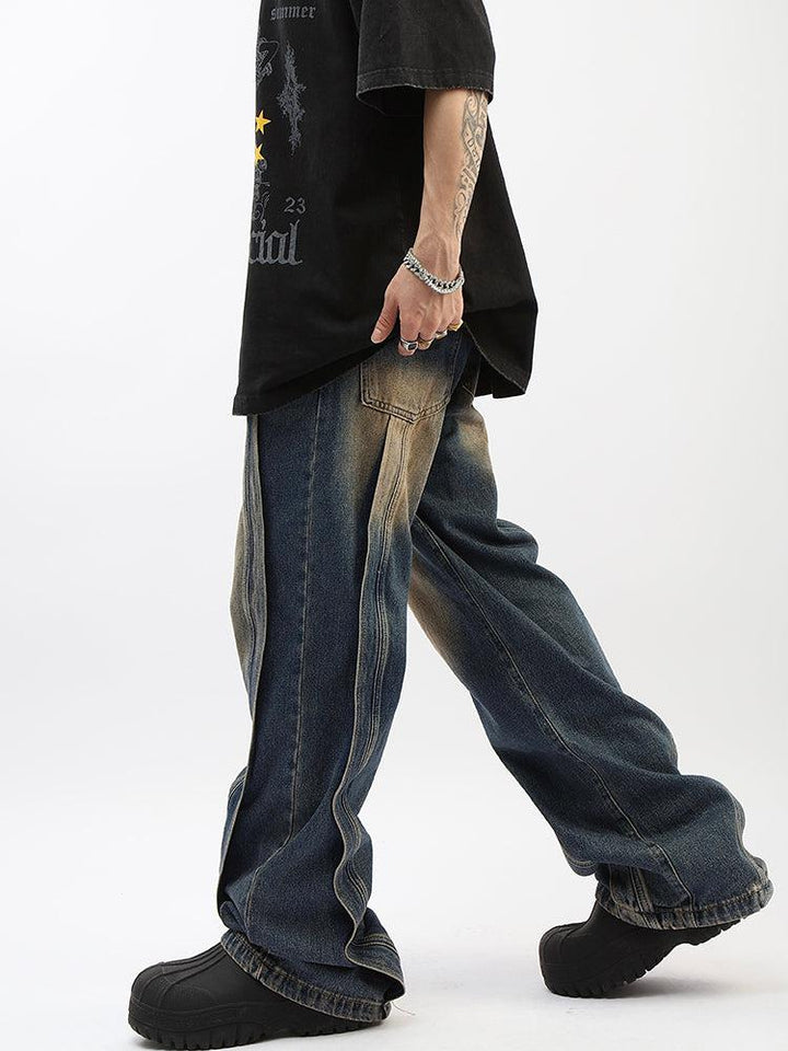 Elastic Waist Straight Wide Leg Stitching Jeans
