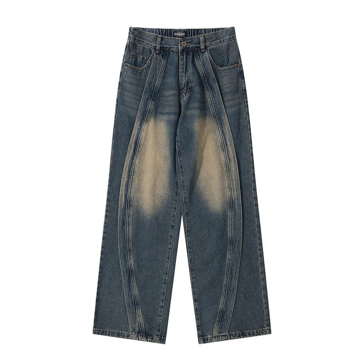 Elastic Waist Straight Wide Leg Stitching Jeans