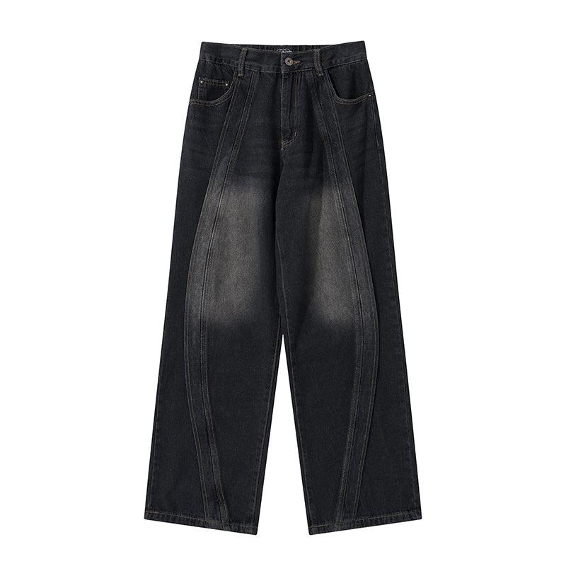Elastic Waist Straight Wide Leg Stitching Jeans