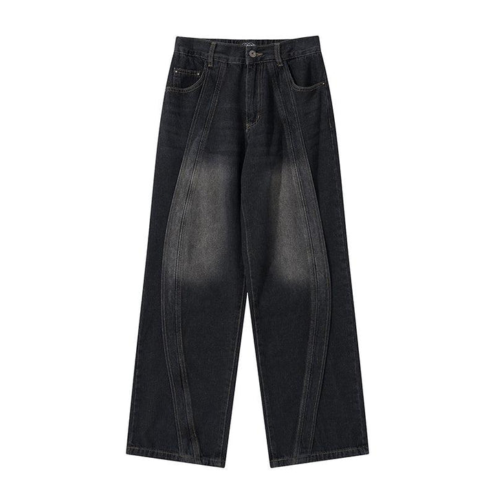 Elastic Waist Straight Wide Leg Stitching Jeans