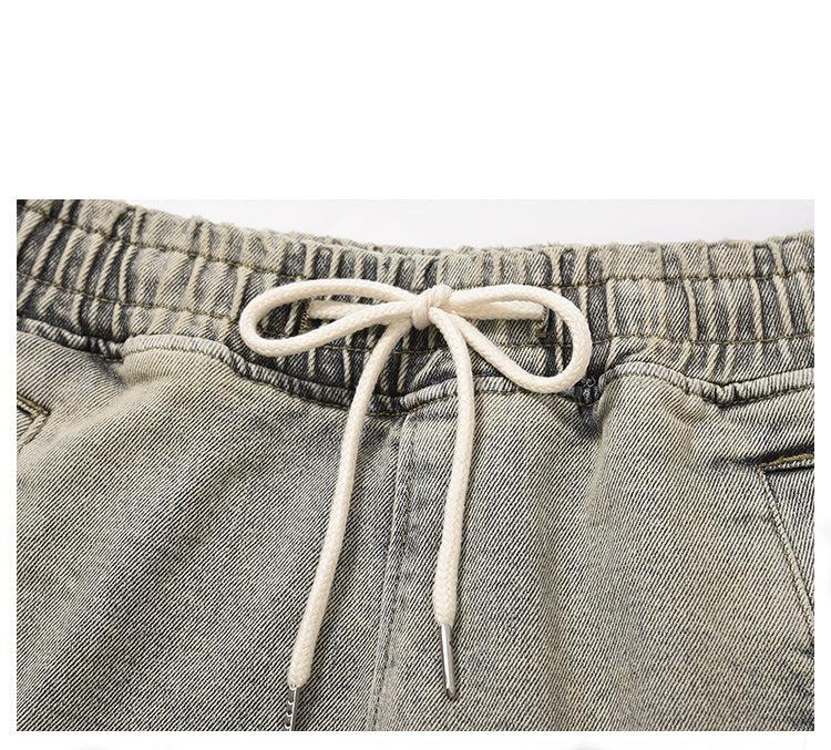 Elastic Waist Washed Yellow Mud Zipper Side Slit Jeans